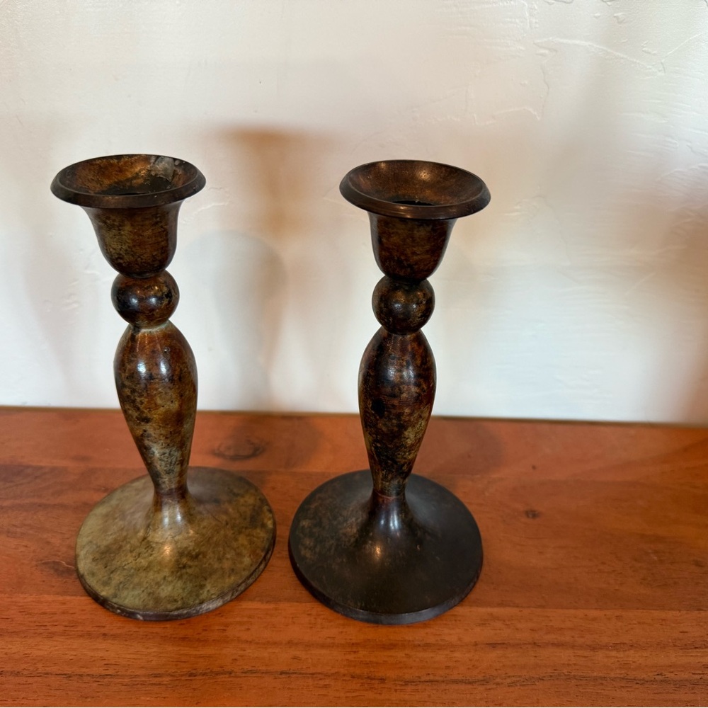 Elegant Brown Candlestick Holders metal cast vintage Boho unique glam